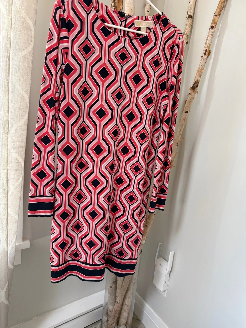 Michael Kors Pink and Navy Geometric Long-Sleeve Dress
